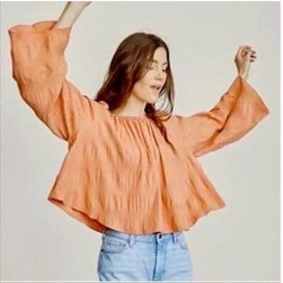 Elizabeth + James Textured Bell Sleeve Off Shoulder Boho Orange Blouse - Picture 1 of 13